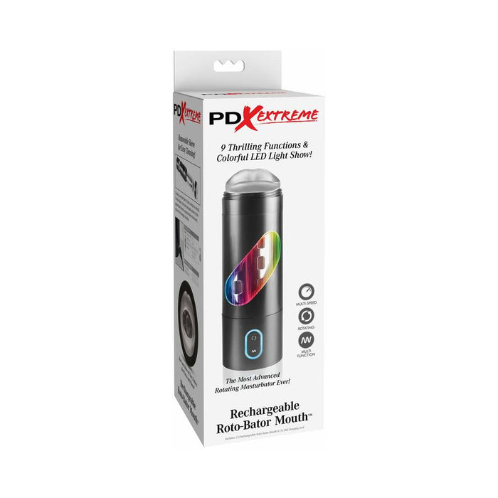 PDX Rechargeable Roto-Bator Mouth Light-Up Rotating Stroker Clear/Black