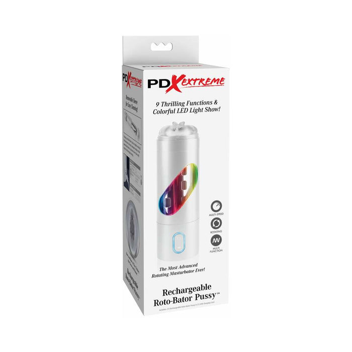 PDX Rechargeable Roto-Bator Pussy Light-Up Rotating Stroker Clear/White