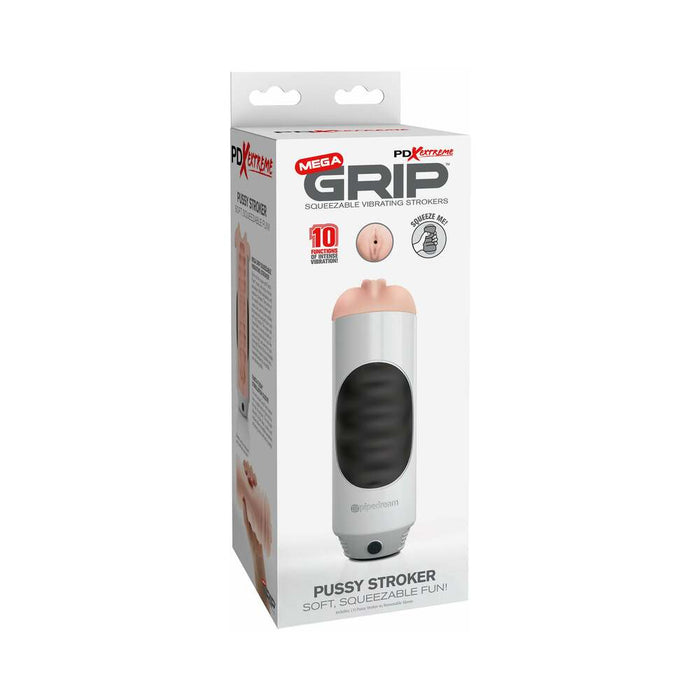 PDX Mega Grip Pussy Stroker Squeezable Vibrating Masturbator Beige/White