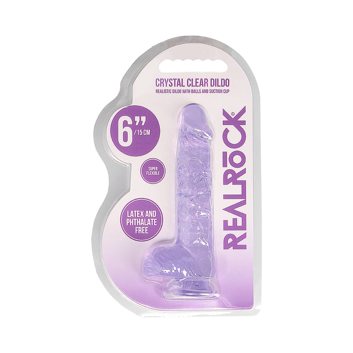 RealRock Crystal Clear Realistic 6 in. Dildo With Balls and Suction Cup Purple