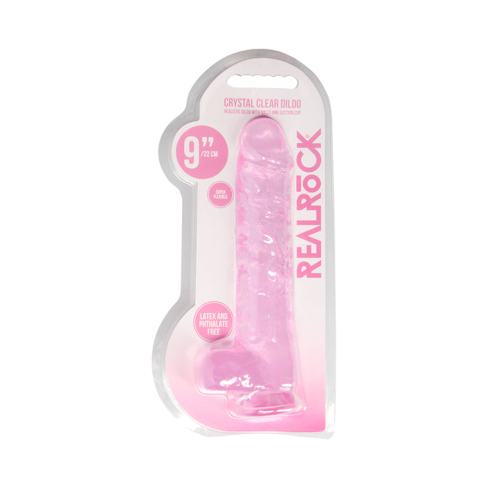 RealRock Crystal Clear Realistic 9 in. Dildo With Balls and Suction Cup Pink