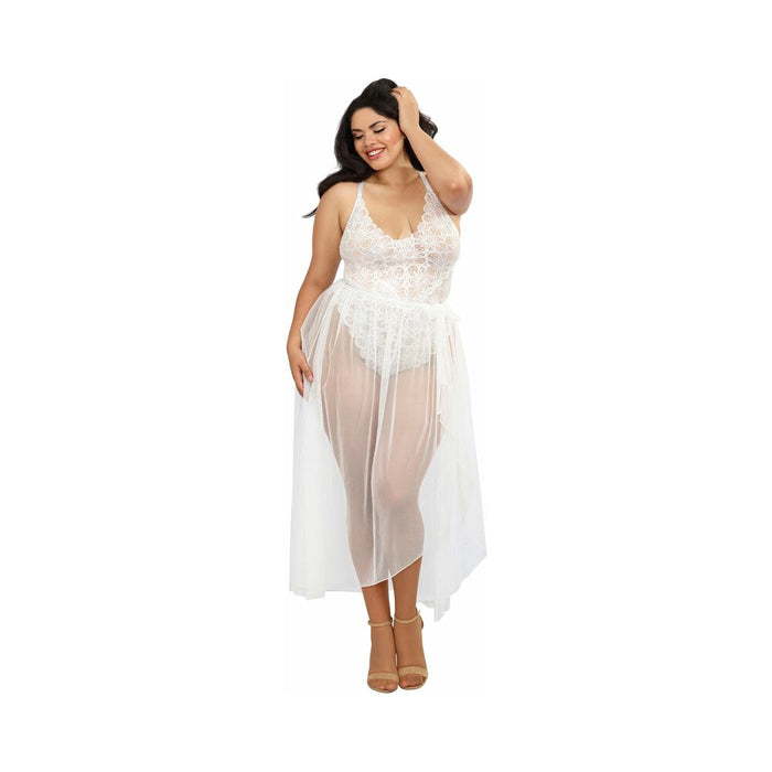 Dreamgirl Teddy & Sheer Mesh Maxi Skirt With G-String White Queen 2X Hanging