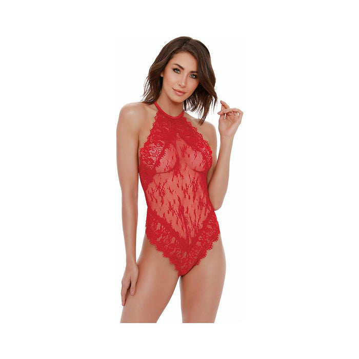 Dreamgirl Eyelash Lace Halter Teddy With High Tie-Neck Closure & Snap Crotch Red Large Hanging