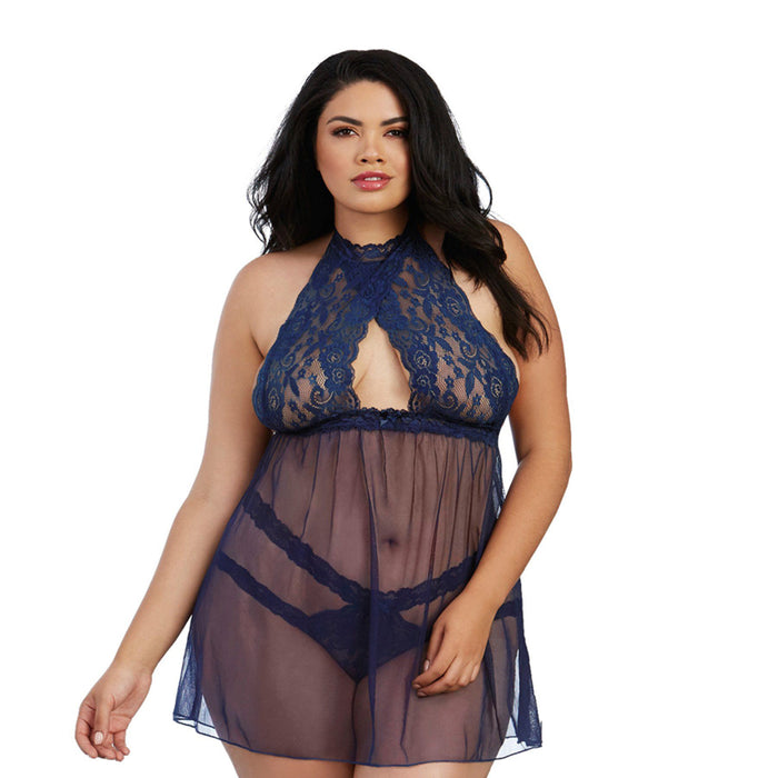 Dreamgirl Stretch Lace & Mesh Babydoll with High-Neck Halter Styling Midnight Queen