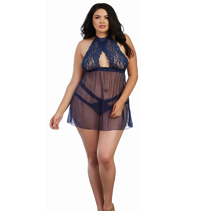Dreamgirl Stretch Lace & Mesh Babydoll with High-Neck Halter Styling Midnight Queen