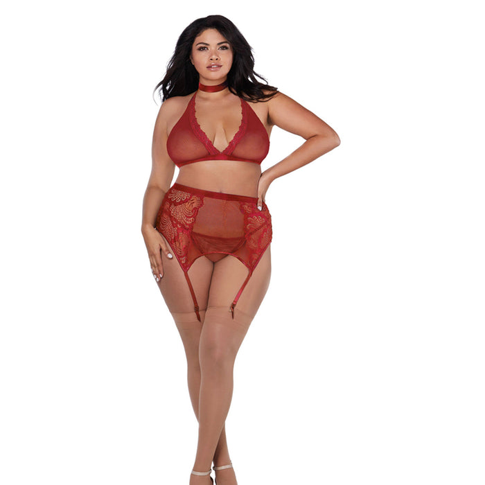 Dreamgirl Fishnet and Lace Four-Piece Set With Stretch Velvet Trim Accents Garnet Queen