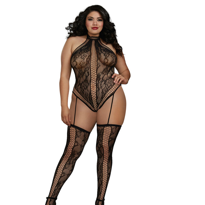 Dreamgirl Lace Teddy Bodystocking With Criss-Cross Details, Halter Neckline Black Queen