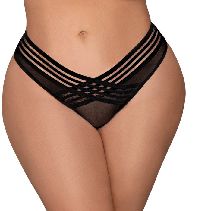 Dreamgirl Mesh Thong with Shadow Stripe Elastic Front Detail Black 2X Hanging