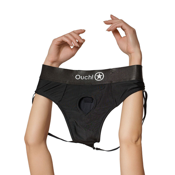 Shots Ouch! Vibrating Strap-on Panty Harness with Open Back Black XL/2XL