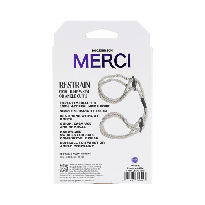 Merci Restrain 6mm Hemp Wrist or Ankle Cuffs Natural