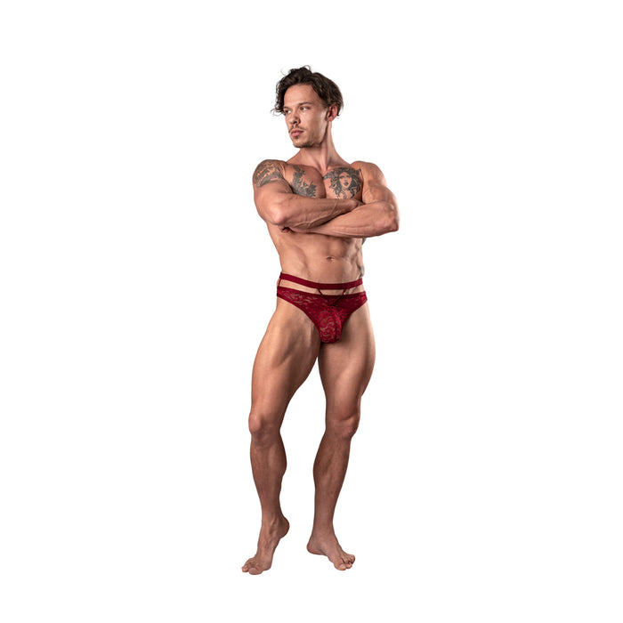 Male Power Lucifer Cut Out Strappy Thong Burgundy S/M
