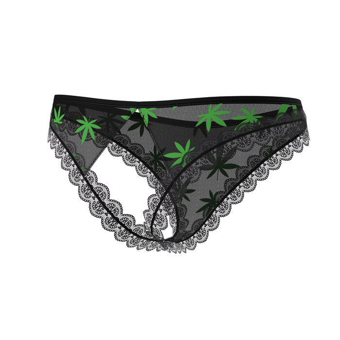 Magic Silk Hazy Dayz Crotchless Panty with Open Back Pot Leaf S/M