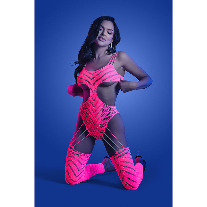 Fantasy Lingerie Glow Wavelength UV Reactive Rhinestone Fishnet Cut-Out Teddy Bodystocking O/S