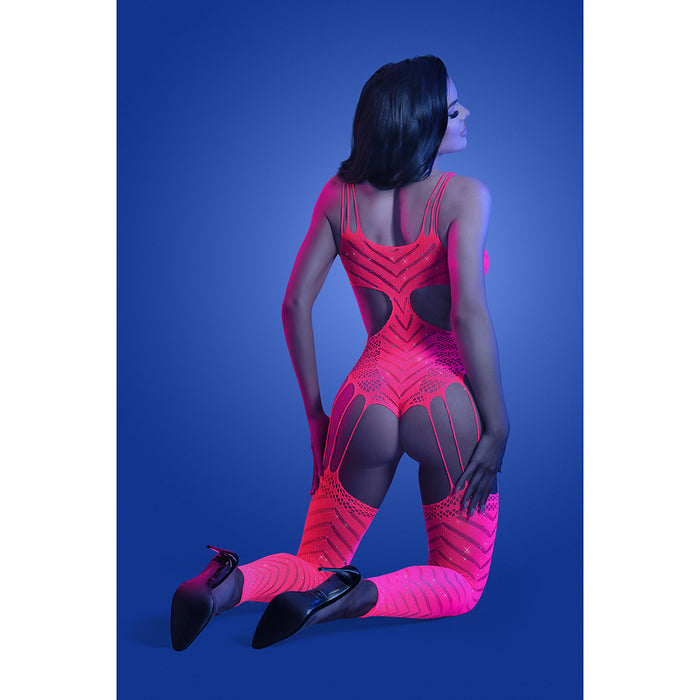 Fantasy Lingerie Glow Wavelength UV Reactive Rhinestone Fishnet Cut-Out Teddy Bodystocking O/S