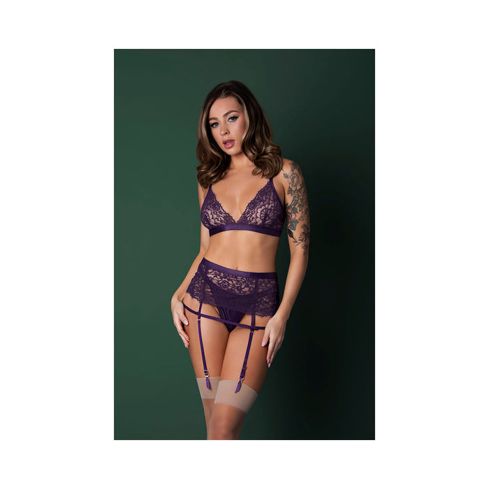 Magic Silk Leather & Lace Bralette, Garter Skirt & Thong Set Plum S/M