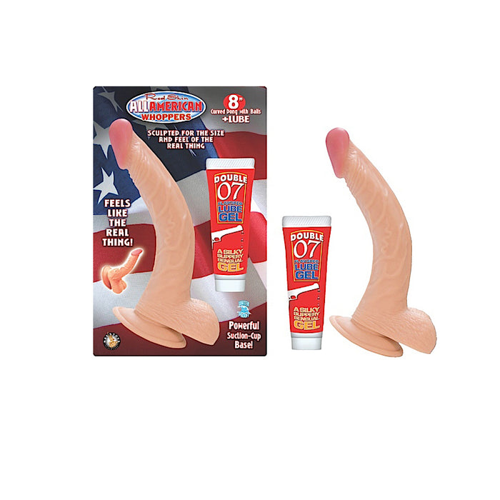 All American Whoppers 8 in. Curved Dong with Balls + Lube