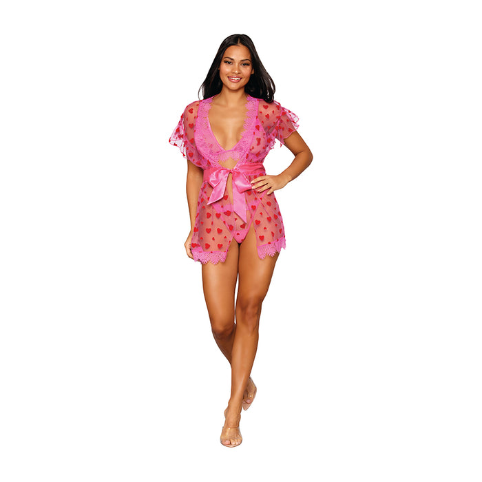 Dreamgirl Flocked Heart Mesh and Eyelash Lace Robe, Bralette, and G-string Set Peony L