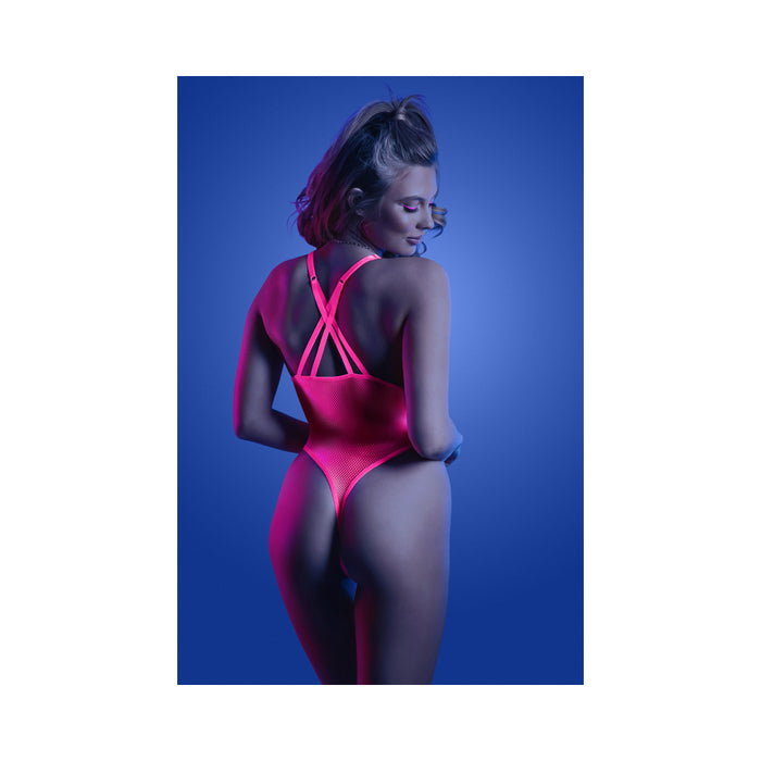 Fantasy Lingerie Glow Electric Haze Criss Cross Back Teddy with Snap Closure Neon Pink S/M