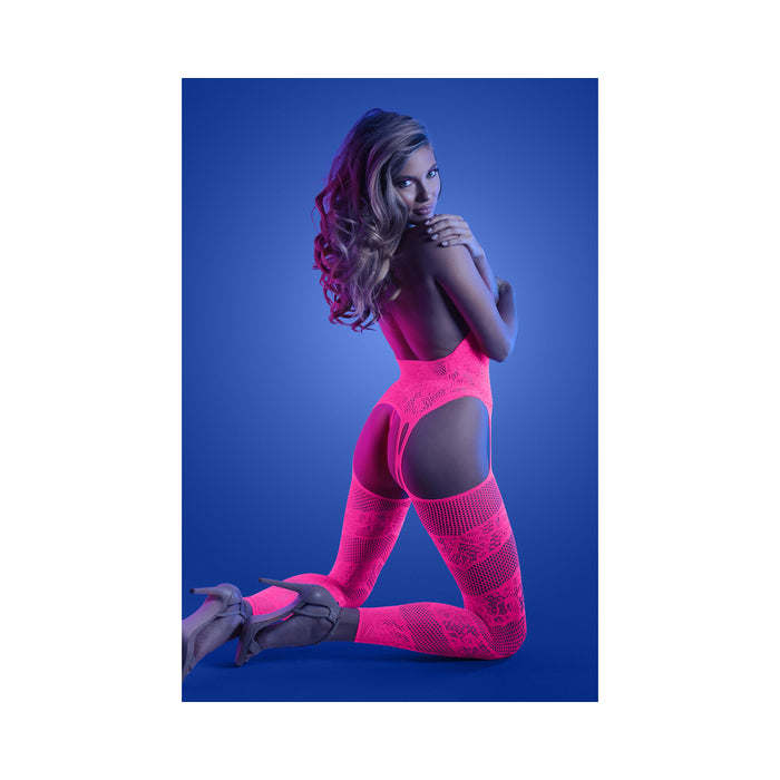 Fantasy Lingerie Glow Captivating High Neck Halter Bodystocking & G-String Set Neon Pink O/S